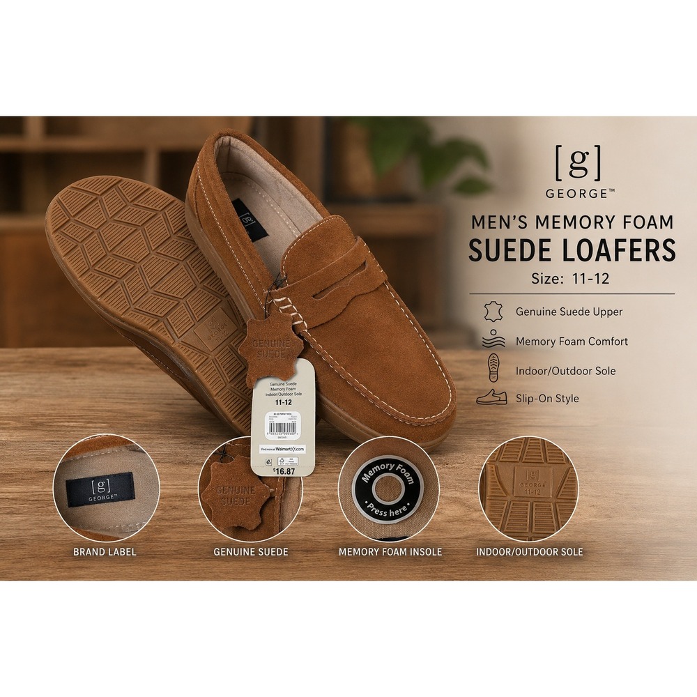 George Mens Penny Moc Slippers Brn Genuine Suede Memory Foam 11-12